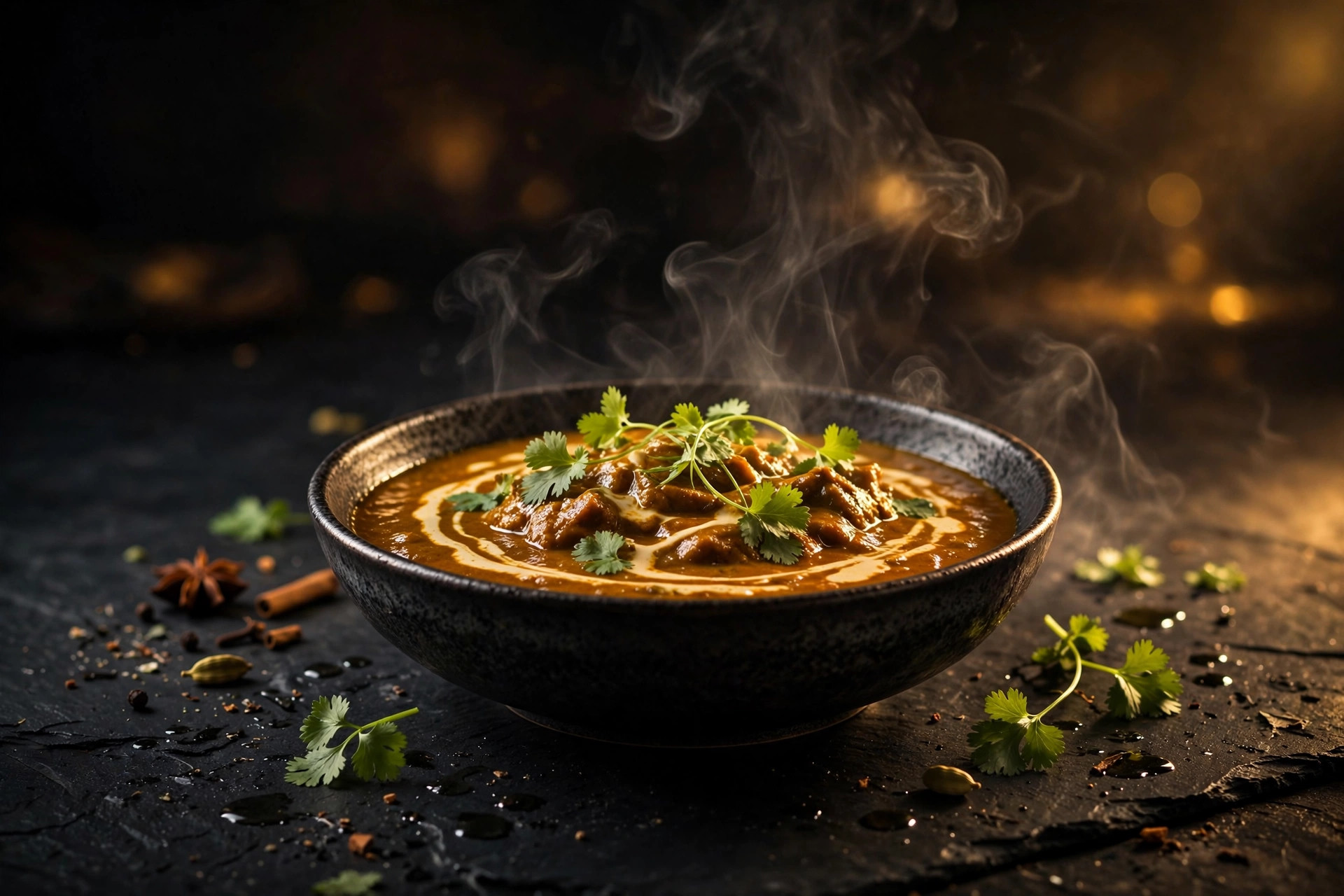 Slow-cooked Indian curry in a dark bowl, finished with fresh herbs