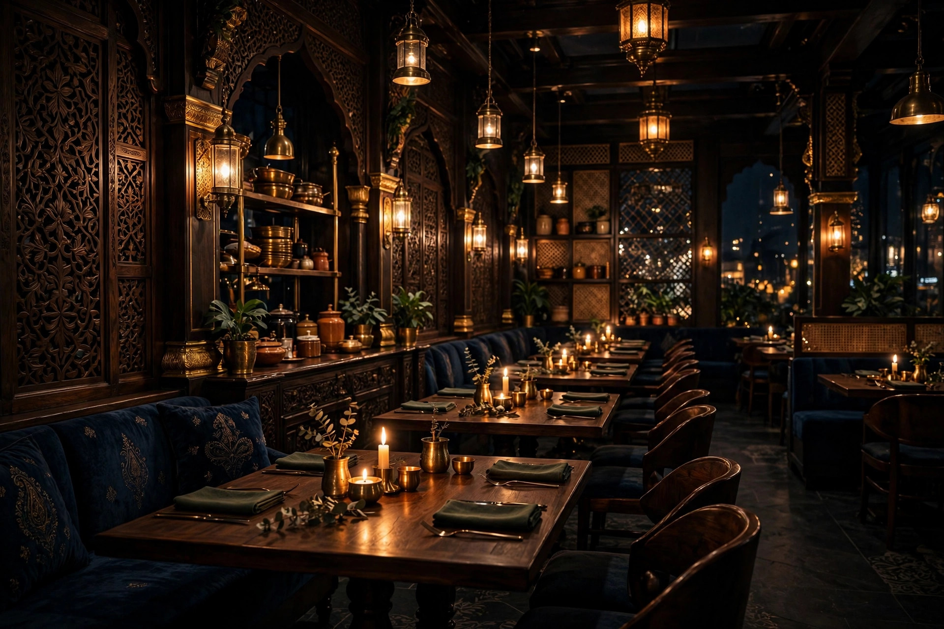 Candlelit dining room at Saffrron, set with brass lanterns and dark timber tables