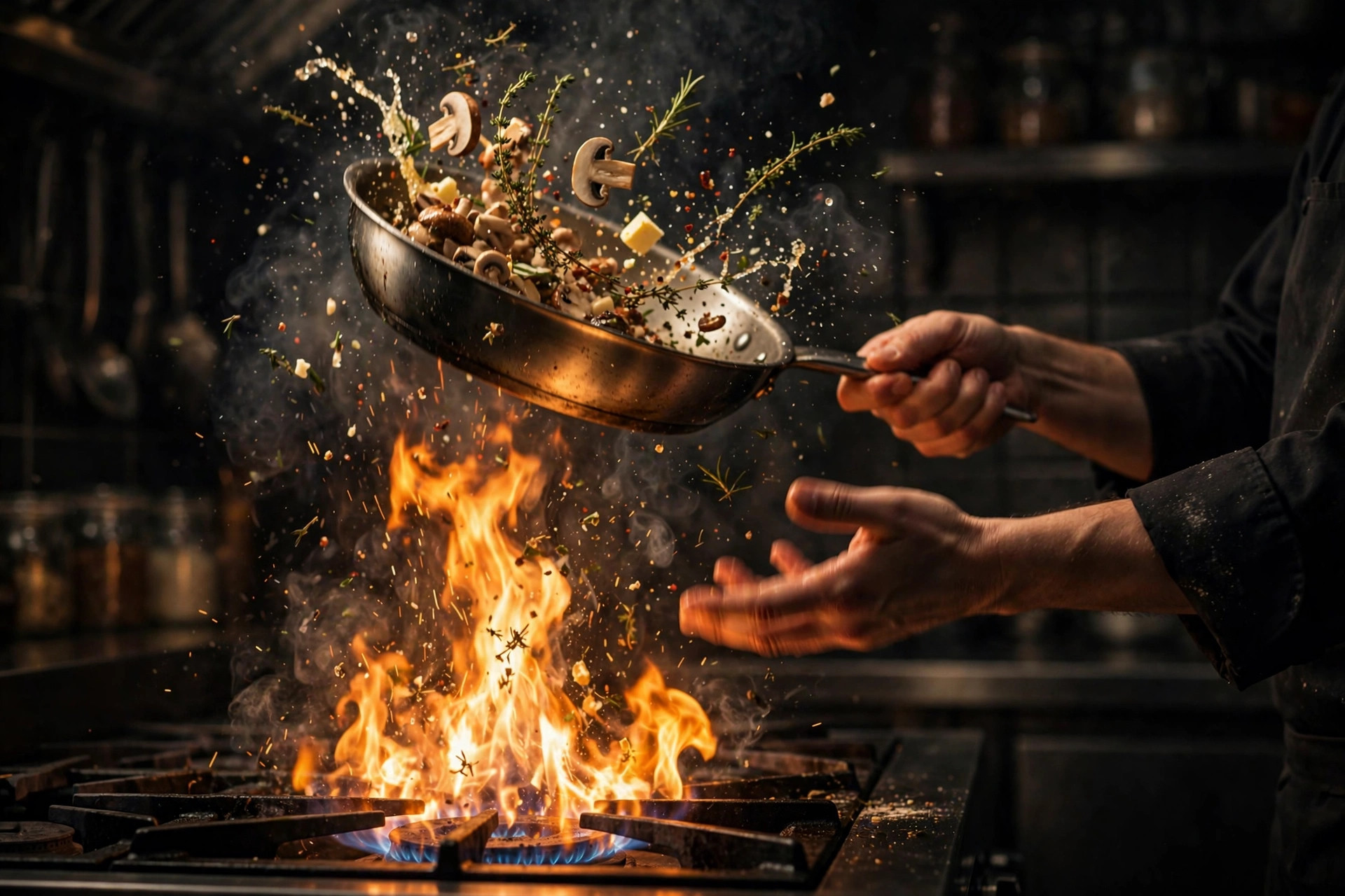 A chef flambéing a pan over open flames in the Saffrron kitchen