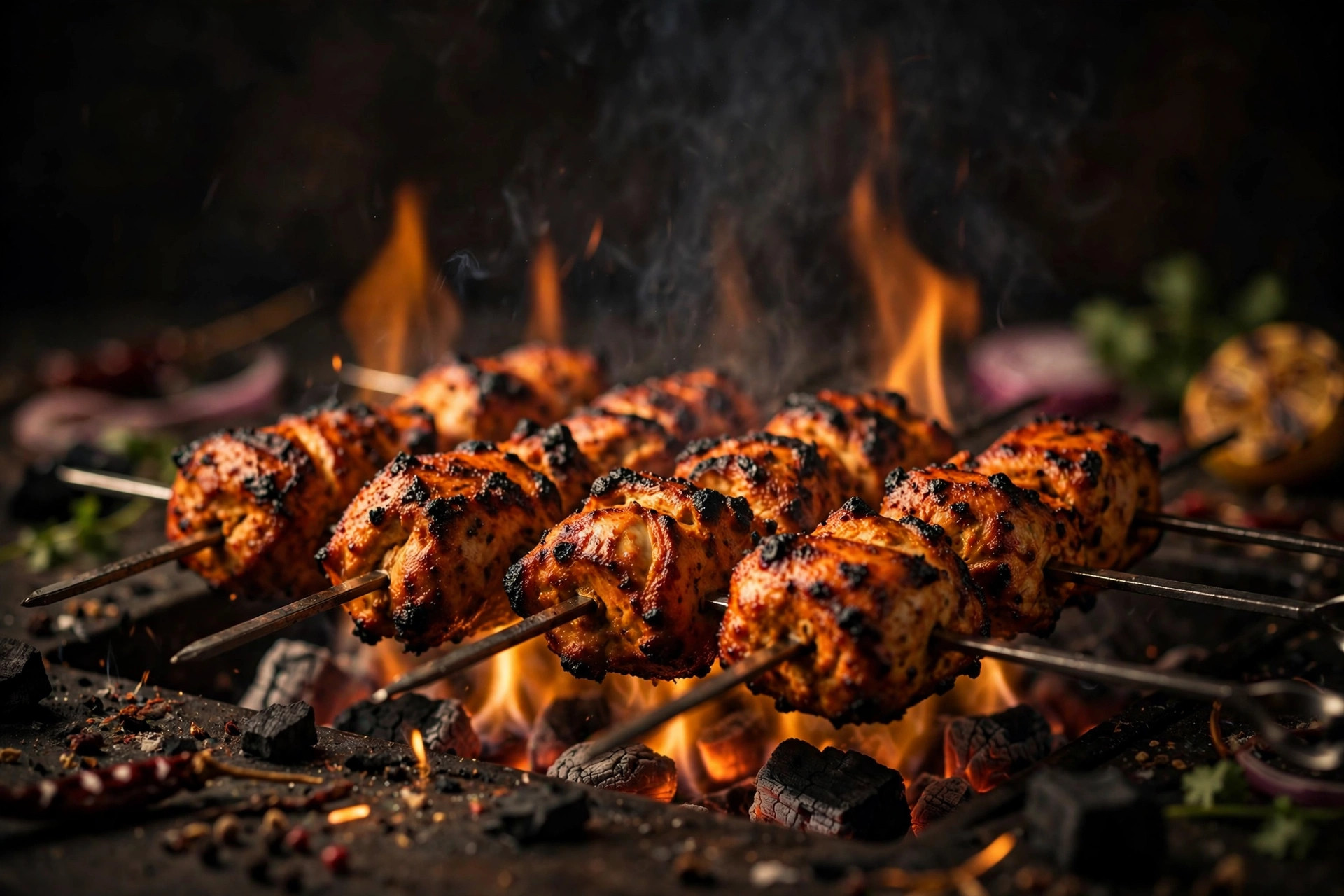 Tandoori wings and skewers glistening over the clay oven